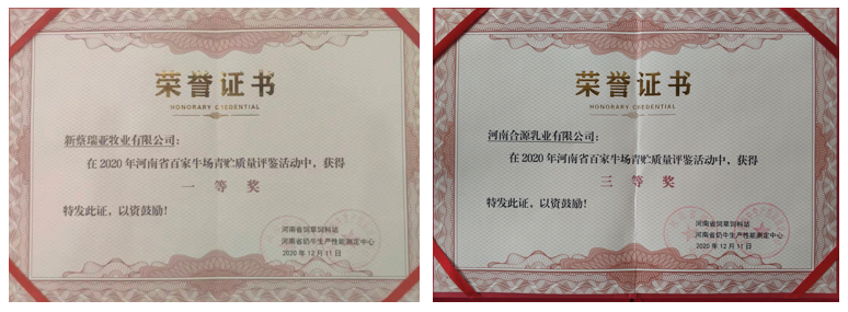 榮譽(yù) | “百家牛場青貯質(zhì)量評鑒活動(dòng)”花花牛新蔡瑞亞牧業(yè)、河南合源乳業(yè)分別榮獲一、三等獎(jiǎng)